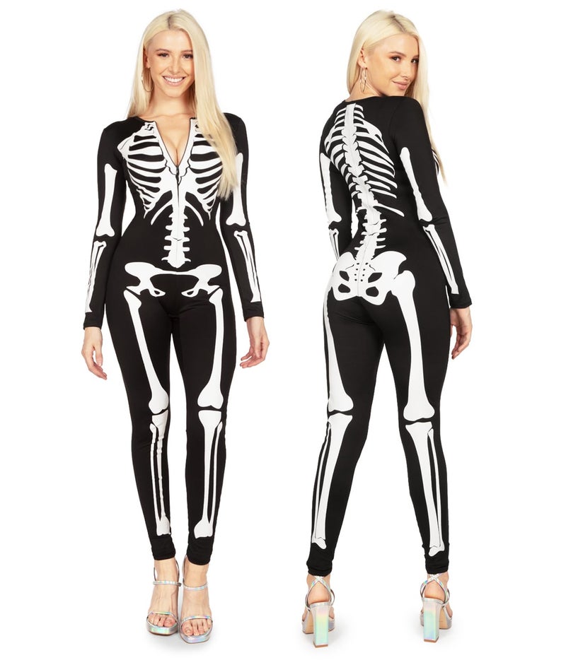 Tipsy Elves Form Fitting & Flattering Skeleton Bodysuit for Halloween - Women's Sexy Skeleton Costume - White, Size Large - Image 1